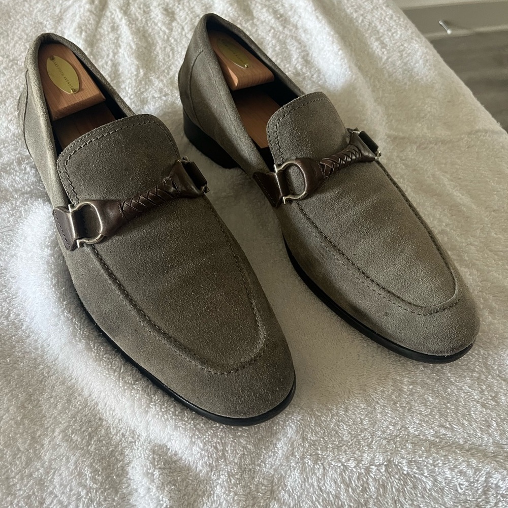 FERRAGAMO suede and leather slip on. Grey and brown combo very unique.